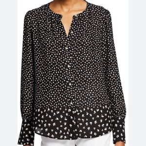 Karl Lagerfeld women’s floral print pearl buttons down black and white blouse. L